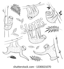 Vector set of sloths. Sketches of funny cartoon sloths in various poses