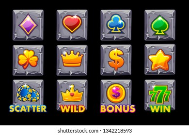 Vector Set Slots icons on stone square for slot machines or casino. Game casino, slot, UI