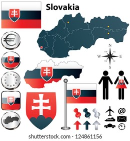 Vector set of Slovakia country shape with flags, buttons and icons isolated on white background