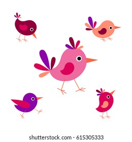 Vector set of small colored cartoon birds. The chick stands, sits, pecks, runs, flies, stretches and looks up