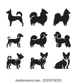 a vector set of small dog breed silhouettes Chihuahua, Dachshund, Pomeranian, Shih Tzu, and French Bulldog