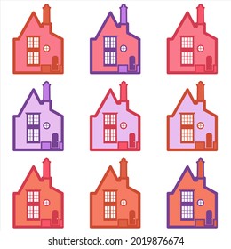 vector set of small multi-colored houses on a white background in a classic style