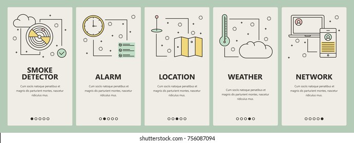 Vector set of smart home concept vertical banners. Smoke detector, Alarm, Location, Weather and Network web templates. Modern thin line flat symbols, icons for web, print.