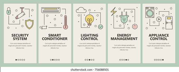 Conjunto de vectores de banners verticales de concepto de hogar inteligente. Sistema de seguridad, acondicionador inteligente, control de iluminación, administración de energía, plantillas web de control de dispositivo. Iconos planos de línea delgada modernos para web, impresión.