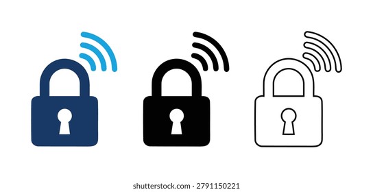 Vector set of smart lock icons representing wireless cybersecurity. Includes solid blue, black, and thin outline versions with signal waves. Ideal for technology websites, IoT device documentation, and network security presentations. These clean graphics communicate data protection and encrypted connectivity for modern digital systems.
