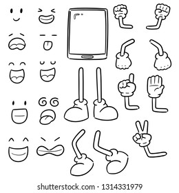 vector set of smart phone, cartoon arm,  leg, mouth and eyes