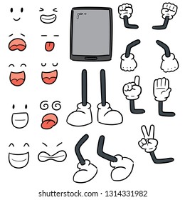 vector set of smart phone, cartoon arm,  leg, mouth and eyes