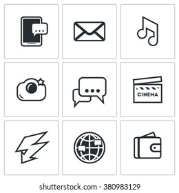 Vector Set of Smartphone Icons. Phone, Message, Music, Photo, Chat, Movie, Exercise, Internet, Purse.