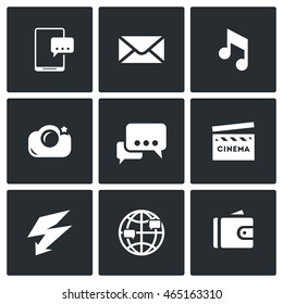 Vector Set of Smartphone Icons. Phone, Message, Music, Photo, Chat, Movie, Exercise, Internet, Purse.