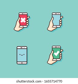Vector set of smartphone illustrations. Hand holds the phone. Modern design colorful picture with outline. Check mark on smartphone screen.
