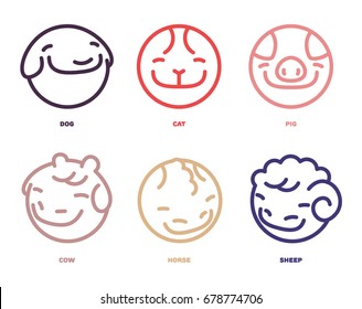 Vector set of smile animals avatars. Farm animals and pets icon vector set in linear style