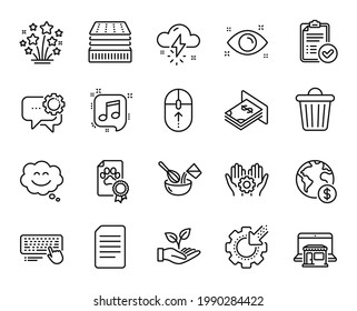 Vector set of Smile chat, Document and Approved report line icons set. Swipe up, Thunderstorm weather and Trash bin icons. Deluxe mattress, Global business and Employees messenger signs. Vector