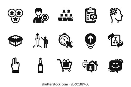 Vector set of Smile chat, Teamwork and Work home icons simple set. Open box, Beer and Timer icons. Engineering, Launch project and Stars signs. Eye checklist, Shopping cart and Swipe up. Vector