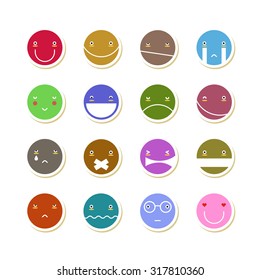 Vector set of smile face stickers. Modern and stylish emo icons. 16 colorful emoticons.