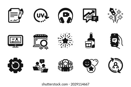 Vector set of Smile, Uv protection and Headphones icons simple set. Teamwork, User info and Online video icons. Signing document, Fireworks rocket and Women group signs. Vector