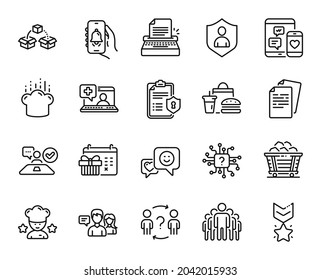 Vector Set Of Smile, Winner Medal And Artificial Intelligence Line Icons Set. People Talking, Job Interview And Documents Icons. Fast Food, Parcel Shipping And Christmas Calendar Signs. Vector