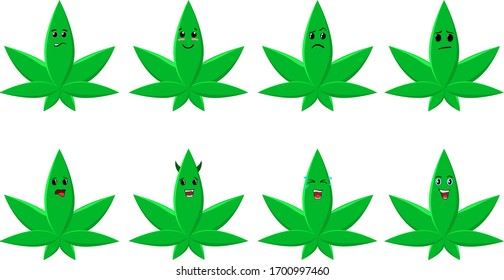Vector set of smiles of cannabis leaves with emotions - dissatisfied, sad, lol, bewilder, shocked, evil, shy