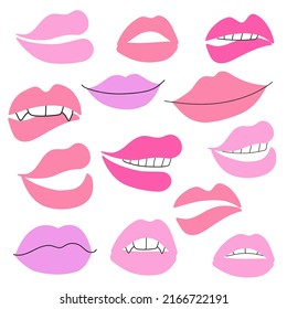 Conjunto vectorial de sonrisas y labios dibujados en forma de doodle.