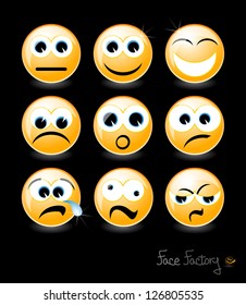 Vector set of smiley faces on black background