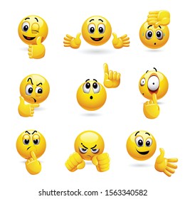 Vector set of smiling ball icons with different face expression. Set of emoticons gesturing with his hand.