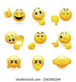 Vector set of smiling ball icons with different face expression. Set of emoticons gesturing with his hand.