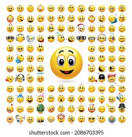 Vector set of smiling ball icons. A large set of emoticons with different face expression.