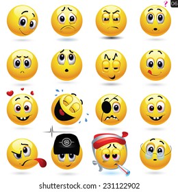 Vector set of smiling ball icons with different face expression