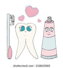 Vector set of smiling characters - elements for dental oral care. A dental brush, toothpaste and tooth. Heart love symbol. Emotions isolated on white.