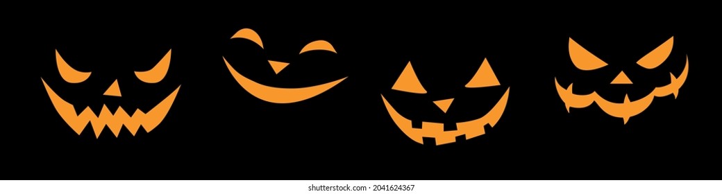 Conjunto vectorial de caras sonrientes de estilo plano. Resplandeciente y mirando a los oscuros y espeluznantes hocicos de las criaturas, aislados en el fondo negro. Elemento de Halloween para fiesta, afiche, diseño de vacaciones. Peligro animal