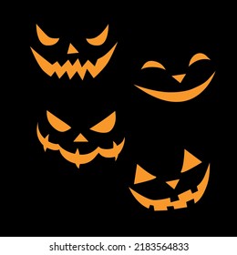 Conjunto vectorial de caras sonrientes de estilo plano. Resplandeciente y mirando a los oscuros y espeluznantes hocicos de las criaturas, aislados en un fondo negro. Elemento de Halloween para fiesta, afiche, diseño de vacaciones. Peligro animal