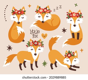 Vector set of smiling fox with floral wreaths. Childish collection of cute cartoon characters. Kids print with woodland animals and flowers. Little fox in different poses. Vector sticker set.