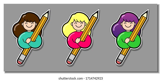 Conjunto vectorial de una sonriente con un gran lápiz, artista, diseñador, autónomo. Cabello multicolor. Imagen para avatar, placa, adhesivo, rayas, afiche, ropa de bebé, tela, textil.