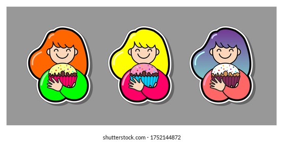 Vektorset eines lächelnden Mädchens, das einen großen Kuchen in den Händen hält; süßer Zahn, Liebhaber des Backens. mehrfarbiges Haar. Bild für Avatar, Abzeichen, Aufkleber, Streifen, Poster, Babybekleidung, Stoff, Textilien.