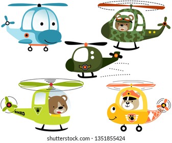 vector set of smiling helicopters cartoon with bear pilot