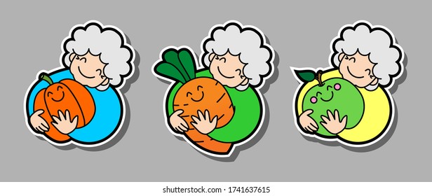 Vector set of smiling old gardeners. Gray-haired curly grandmother gardener hugs a huge apple, carrot, pumpkin. Old woman, elderly. For avatar, icon, sticker, poster, fabric, textile.