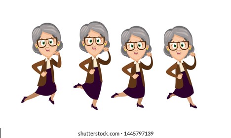 Vector set with smiling running, going granny. Joyful silver haired senior woman doing sport. Cheerful grandmother being late and hurrying. Cartoon illustration isolated on white background.