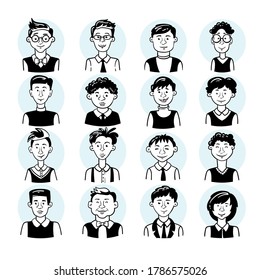 Vector set with smiling students. Illustrations on the theme of school, university, college, education. Avatars, cartoon characters for use in design