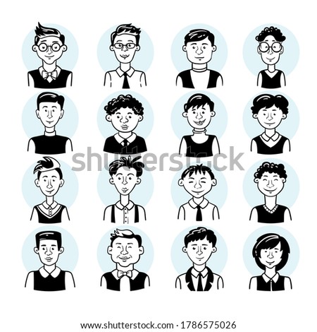 Vector set with smiling students. Illustrations on the theme of school, university, college, education. Avatars, cartoon characters for use in design