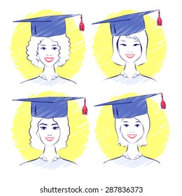 Vector set of smiling young women wearing graduation cap.