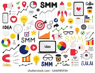 Vector set of smm elements. Social Media Marketing. Reach and promotion among target audience. Clip art is for banner, advertising, mailing list, website, training presentation for marketers, posts