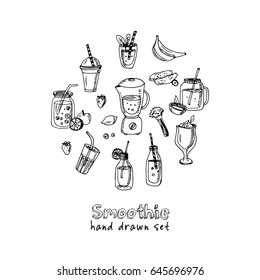 Vector set with smoothie and fruits. Vector isolated Illustration on white background  for menus, recipes and packages product