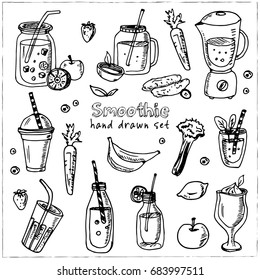 Vector set with smoothie and fruits. Vector isolated Illustration on white background for menus, recipes and packages product