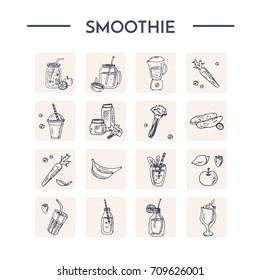 Vector set with smoothie and fruits. Vector isolated Illustration on white background for menus, recipes and packages product