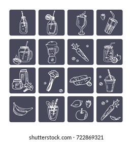 Vector set with smoothie and fruits. Vector isolated Illustration on white background  for menus, recipes and packages product