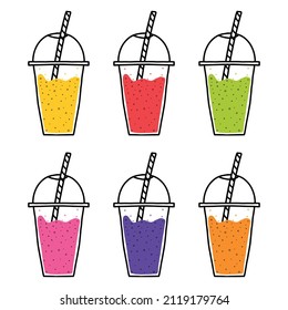 Vector set of smoothie glasses. Doodle style. Smoothies in different colors.