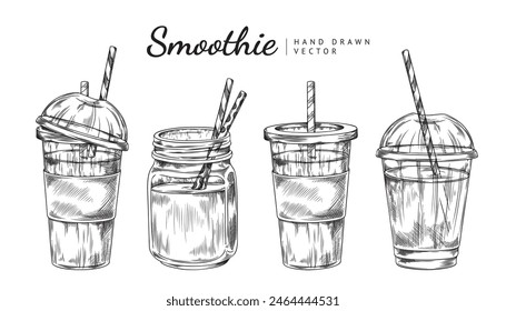 Vector set of smoothie icons in bottles and plastic cups with striped paper tubes in sketch style. Isolated monochrome drawings on white, ideal for cafe logos or menu items.