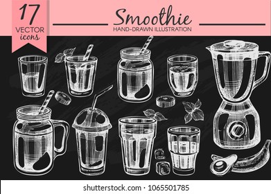 Vector set with smoothies and blender on the blackboard