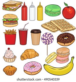 Vector Set of Snack Items. Fast Food, Drinks, Dessert and Fruits.