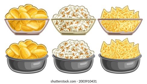 Vector Set Of Snacks In Bowls, Collection Of Cut Out Illustrations Tasty Potato Chips In Full Transparent Bowl, Cartoon Pop Corn With Sweet Caramel Flavors, Triangle Nachos In Dish On White Background