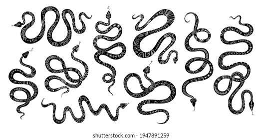 Vector set of snakes with ethnic ornament. Silhouettes of snakes with Scandinavian motives, totem animal snake graphic element for logo, tattoo or sticker in black and white design.